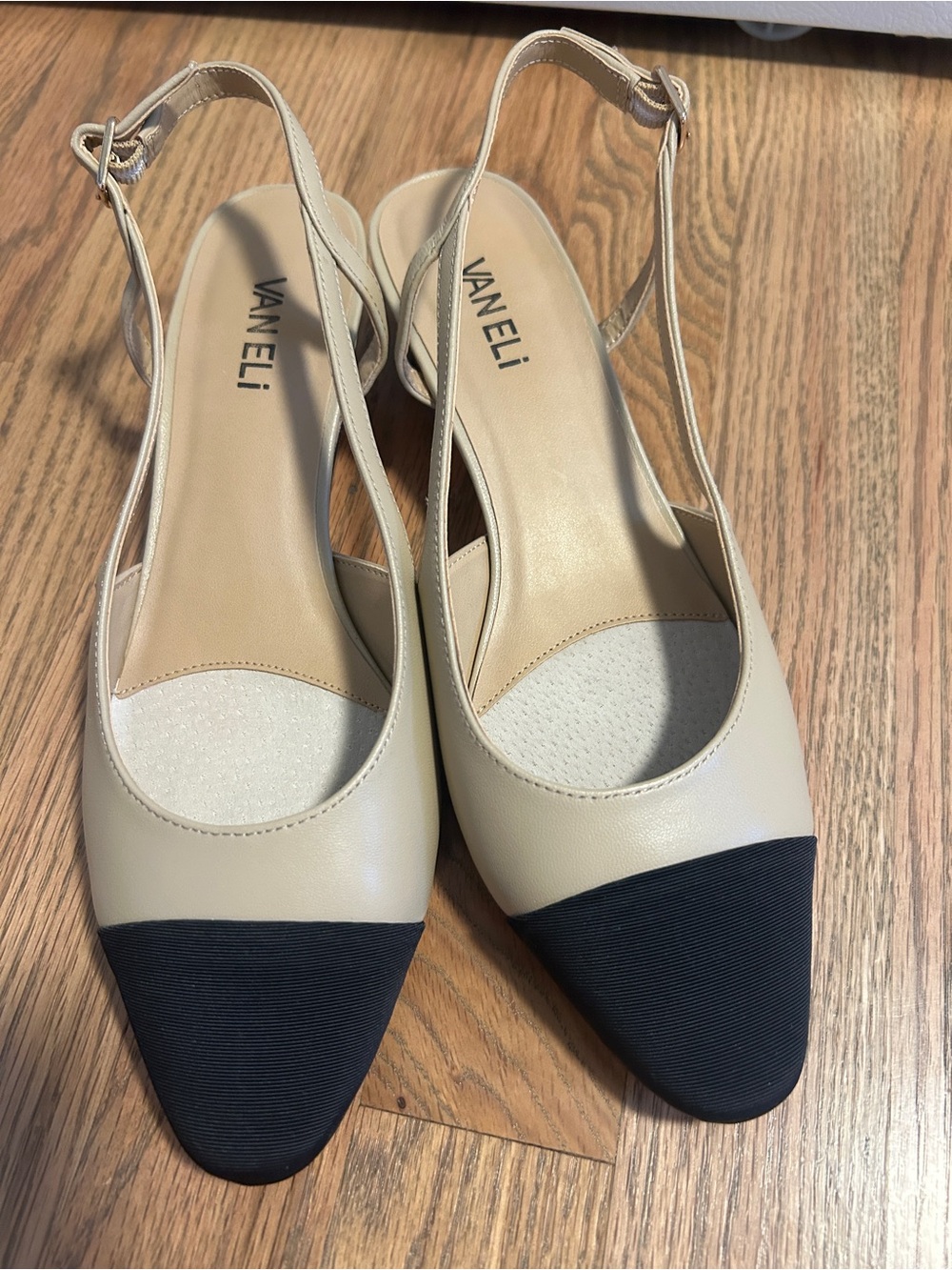 Vaneli Beige Slingback Pumps with Black Cap Toe